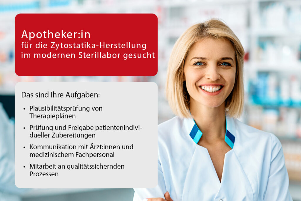 Lächelnde Apothekerin im weißen Kittel in modernem Labor – Stellenausschreibung für Apotheker/in (m/w/d) in der Zytostatika-Herstellung.